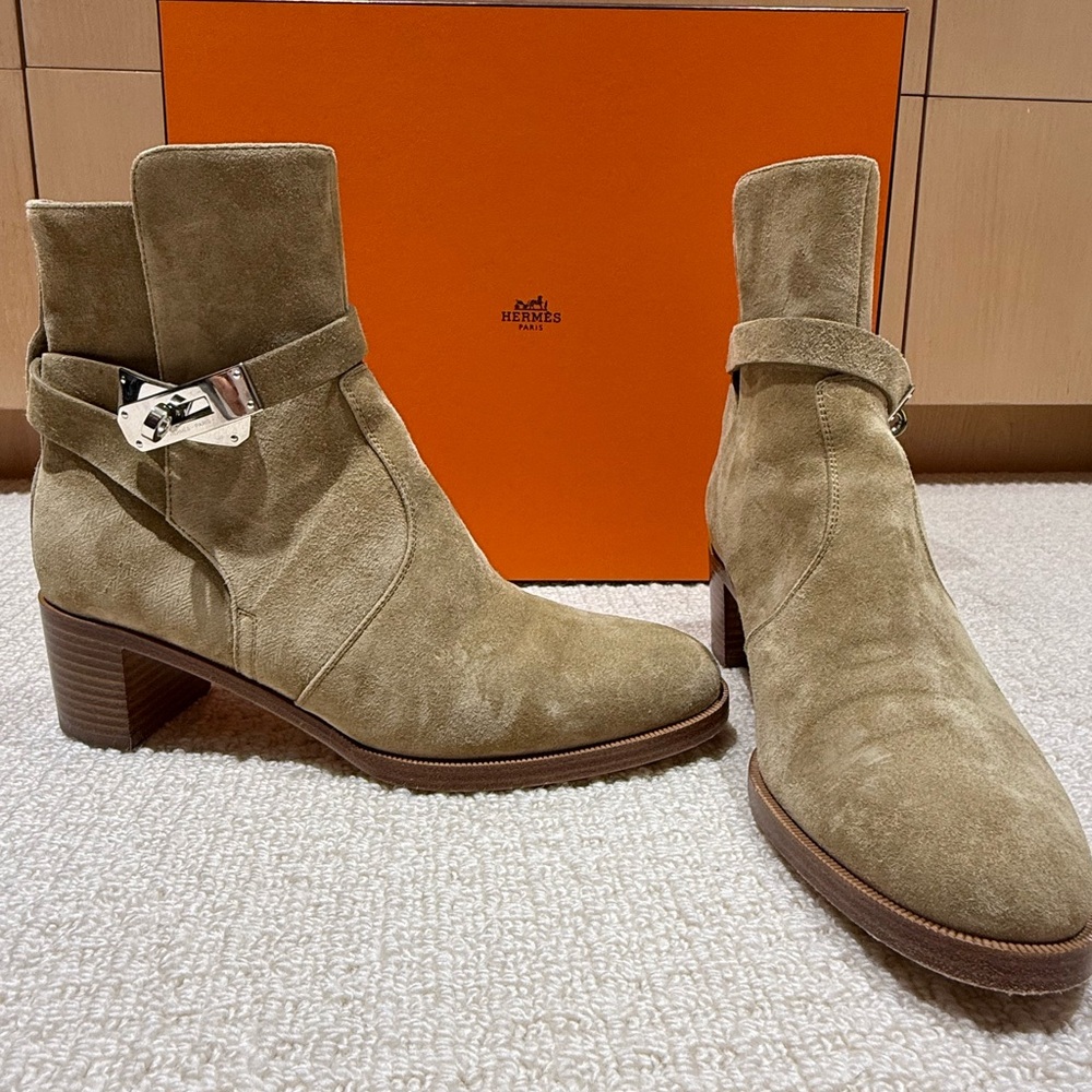 Hermes Tan Ankle Boots with Silver Buckle